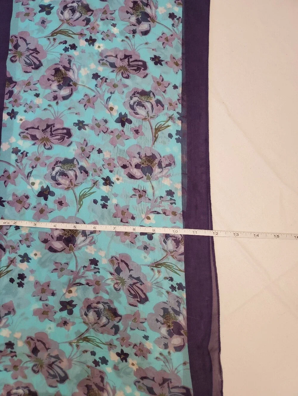 Vintage Teal Purple Floral Chiffon Long Scarf Sheer Border Boho 64x16